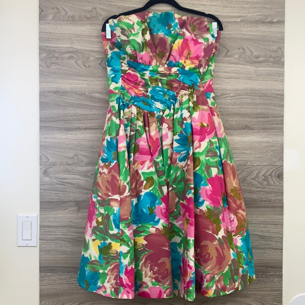 Vintage Victor Costa pink blue green floral strapless pleated prom party dress